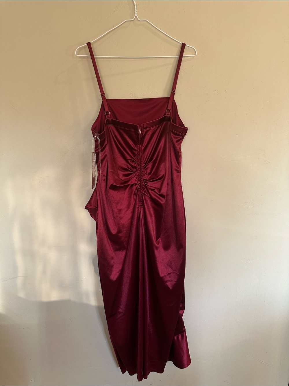 Emerald Sundae Satin Wine Asymmetrical Ruffle Midi Dress - Picture 3 of 6